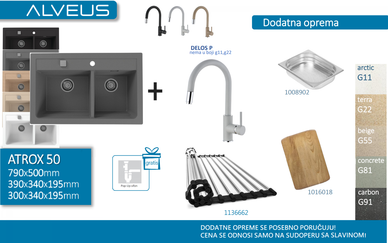 Lož Alveus - Set sudopera sa slavinom i sifonom - Atrox 50 + Delos-P - Razne boje