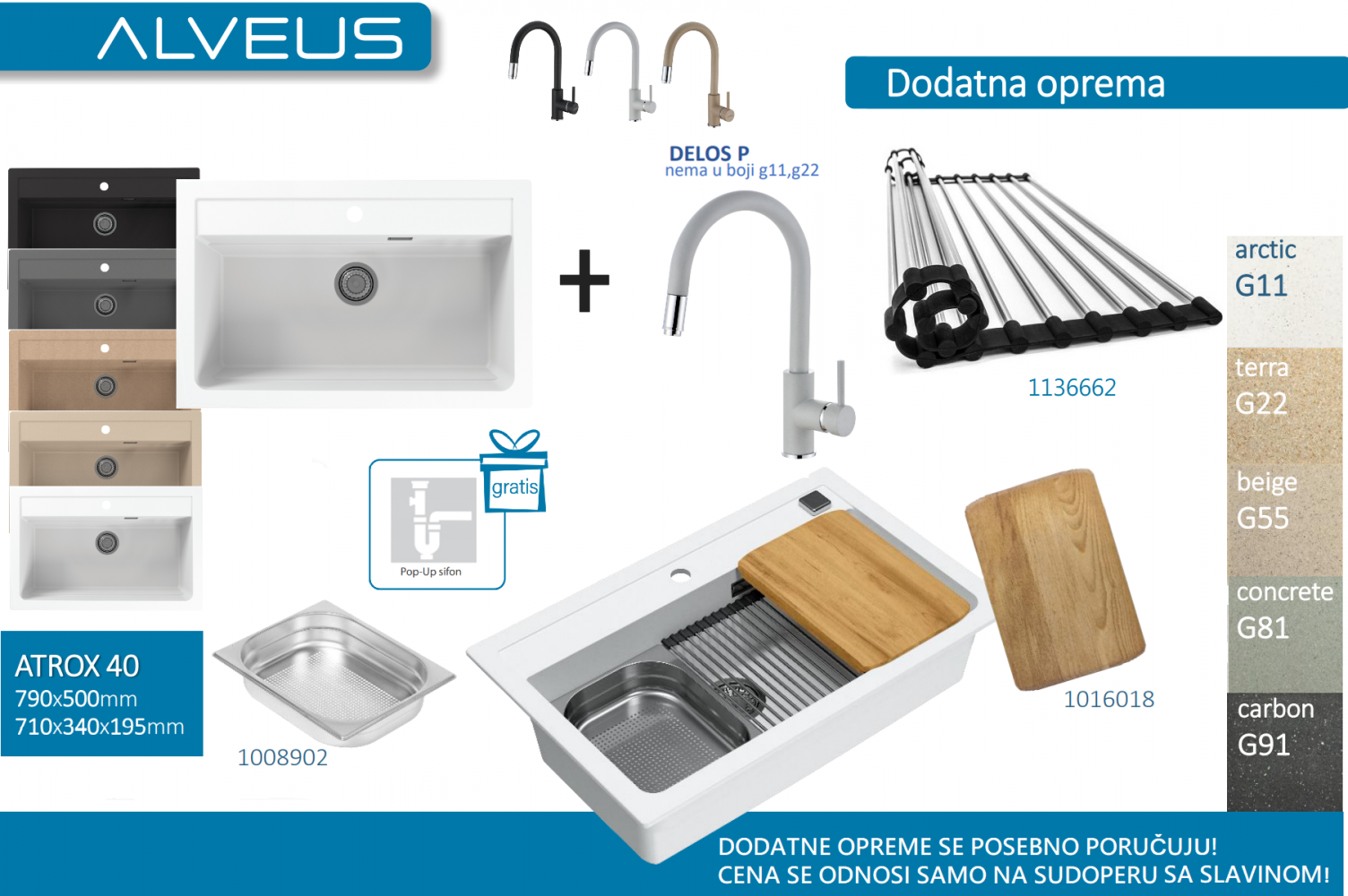 Lož Alveus - Set sudopera sa slavinom i sifonom - Atrox 40 + Delos-P - Razne boje