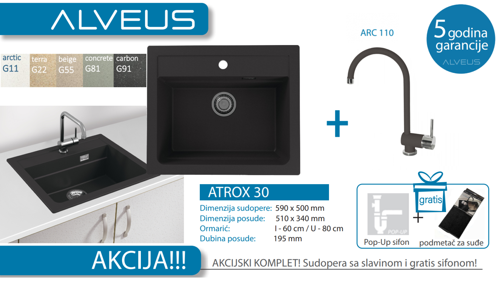Lož Alveus - Set sudopera sa slavinom i sifonom - Atrox 30 + Arc 110 (AM180) - Razne boje