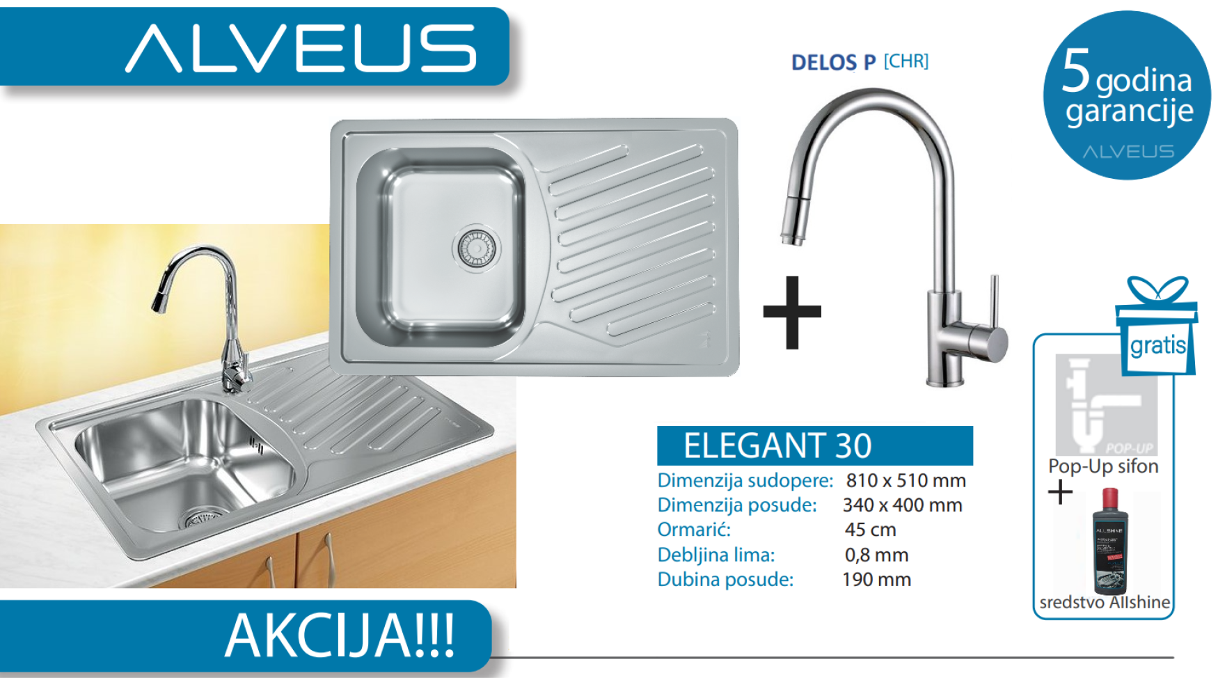 Lož Alveus - Set sudopera sa slavinom i sifonom - Elegant 30 + Delos-P