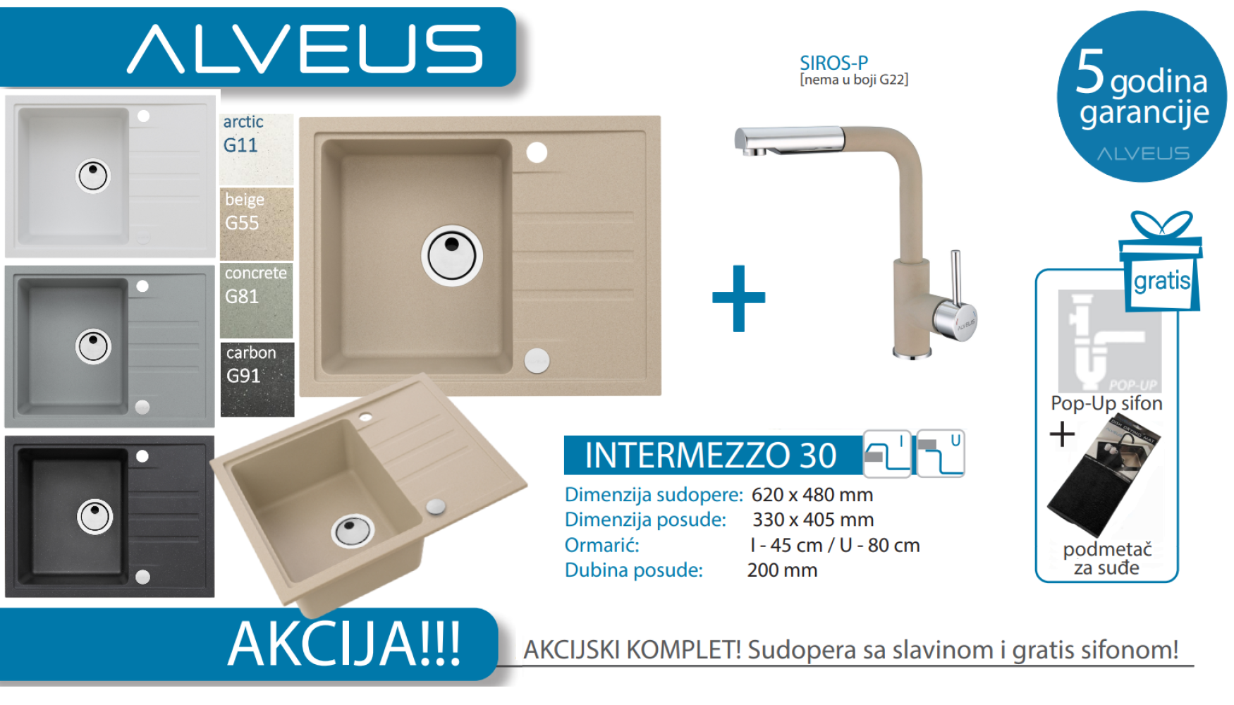 Lož Alveus - Set sudopera sa slavinom i sifonom - Intermezzo 30 + Siros-P - Razne boje
