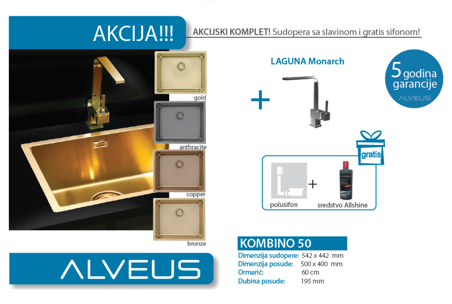 Lož Alveus - Set sudopera sa slavinom i sifonom - Kombino 50 Monarch + Laguna Monarch